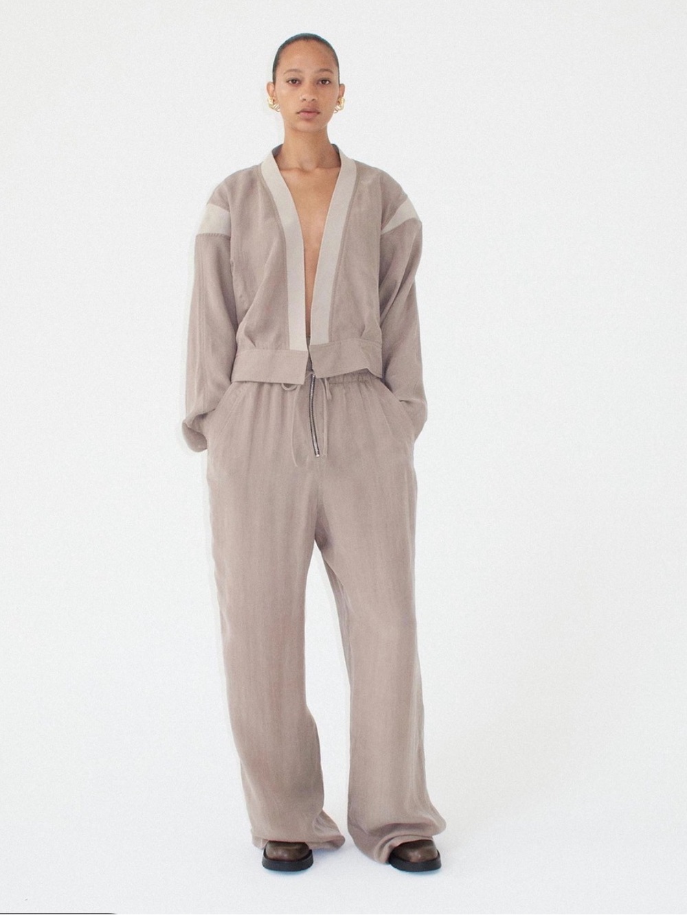 NWT Zara Contrast Stripe Satin Effect Cropped Bomber Jacket Taupe Brown S